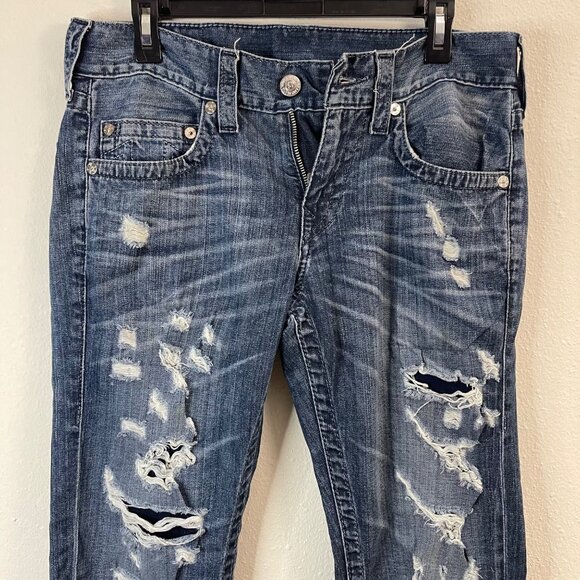 True Religion Blue Denim Slim Fit Jeans With Rips & Faded Detailing - Casual Sty - Picture 3 of 15